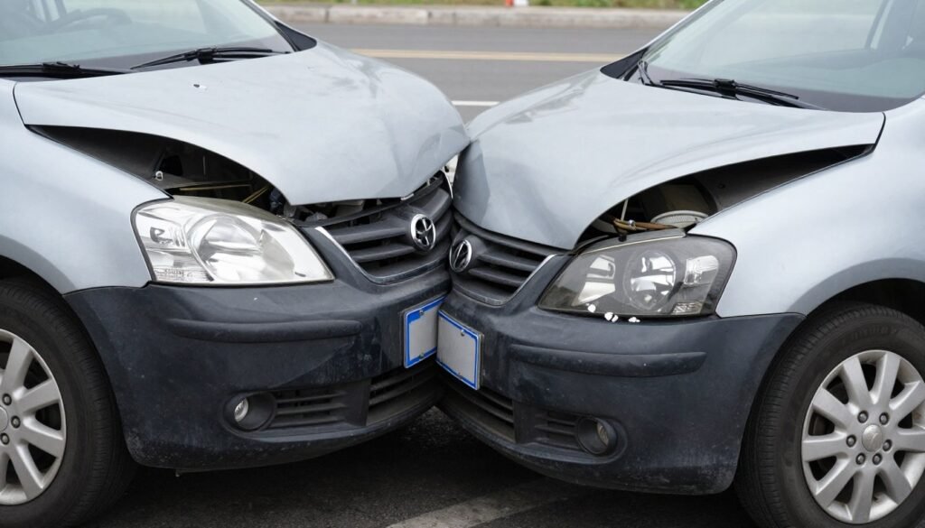 Aftermath of minor car accident showing damaged vehicles to represent traumatic driving experience Aftermath of minor car accident showing damaged vehicles to represent traumatic driving experience
