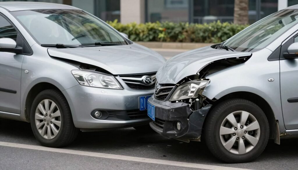 Car accident scene aftermath with damaged vehicles representing traumatic event causing driving phobia
