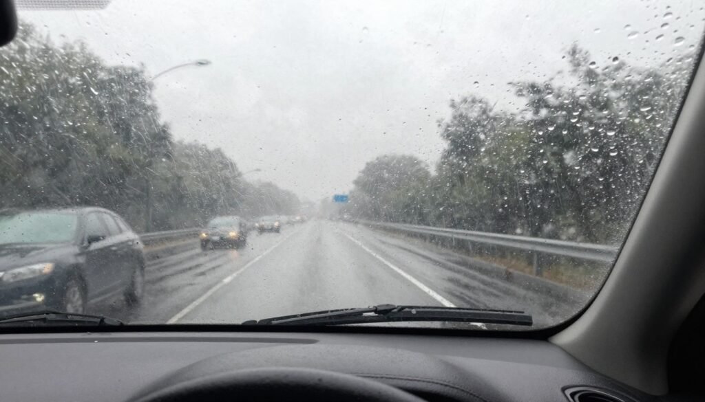 Car windshield view during heavy rain with poor visibility representing weather driving anxiety Car windshield view during heavy rain with poor visibility representing weather driving anxiety