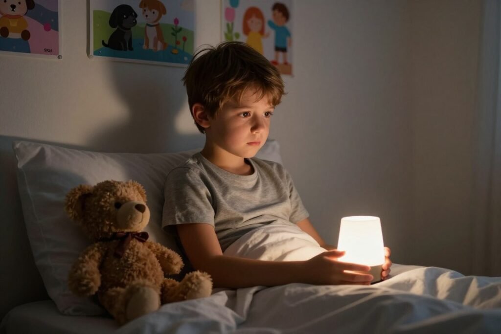 Child looking scared in bed with nightlight