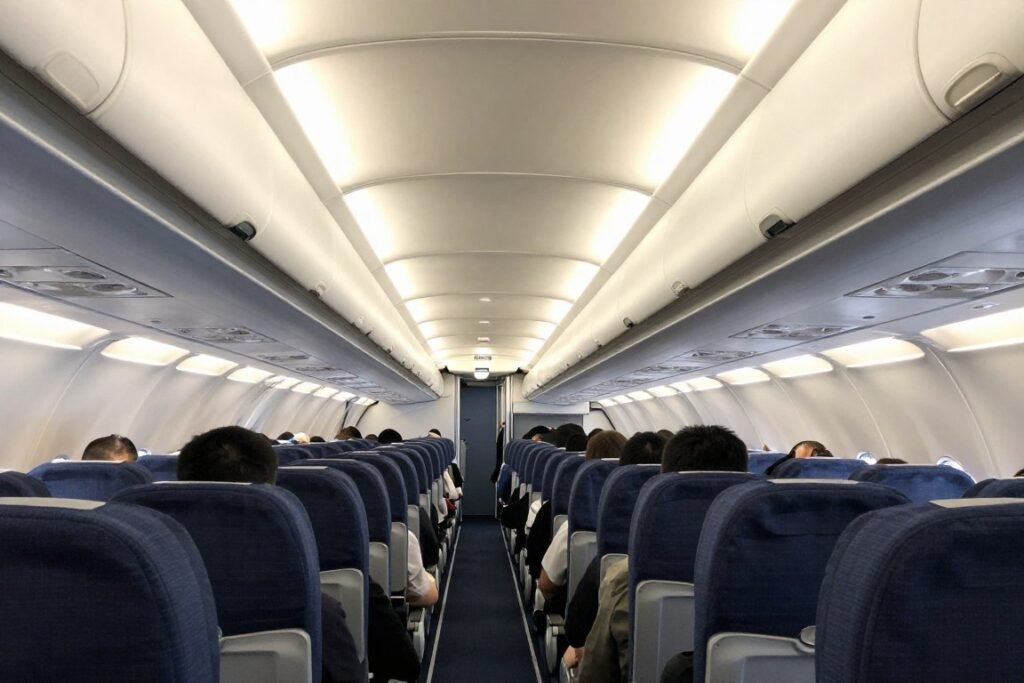 Claustrophobic airplane cabin interior contributing to fear of flying phobia