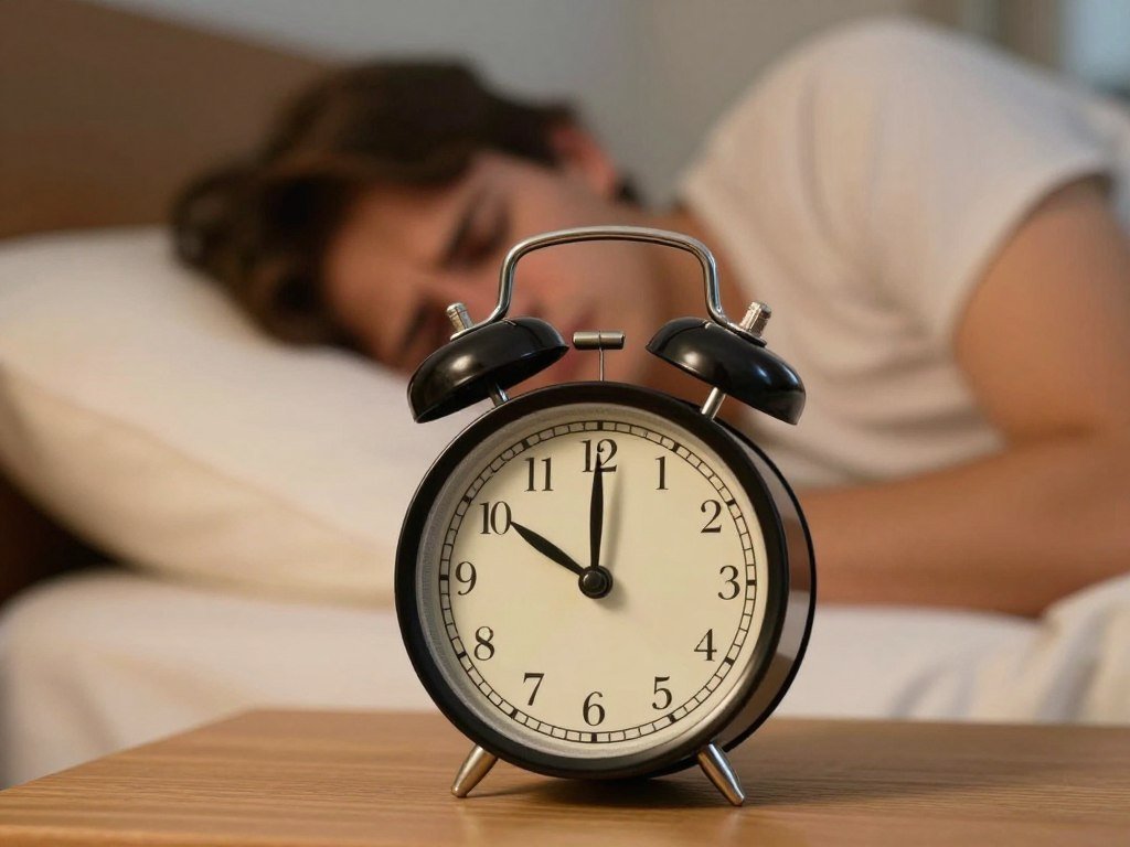 Close-up of alarm clock showing late night hours with person's worried face in background