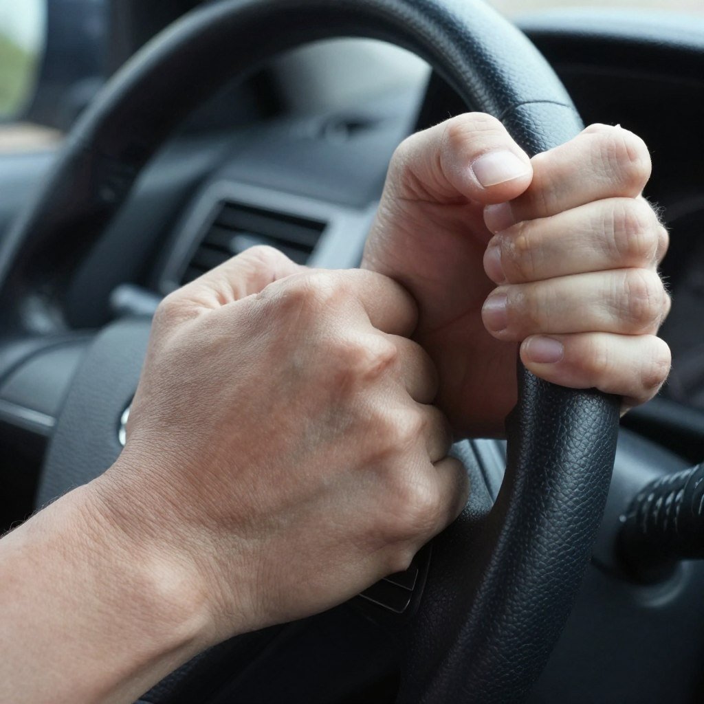 Close-up of hands gripping car steering wheel showing white knuckles from anxiety
