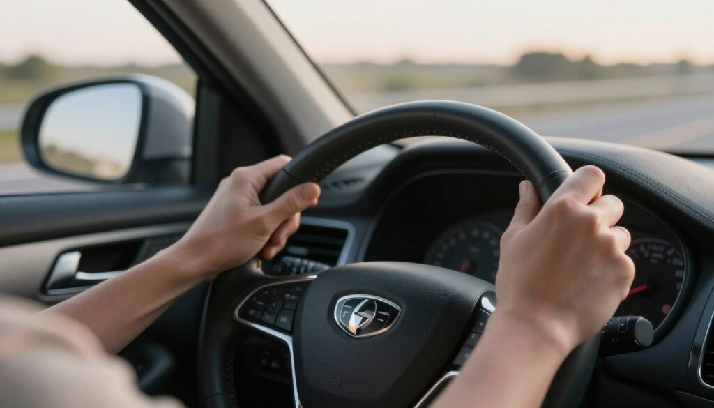 Close-up of hands on steering wheel with road ahead representing present moment awareness Close-up of hands on steering wheel with road ahead representing present moment awareness