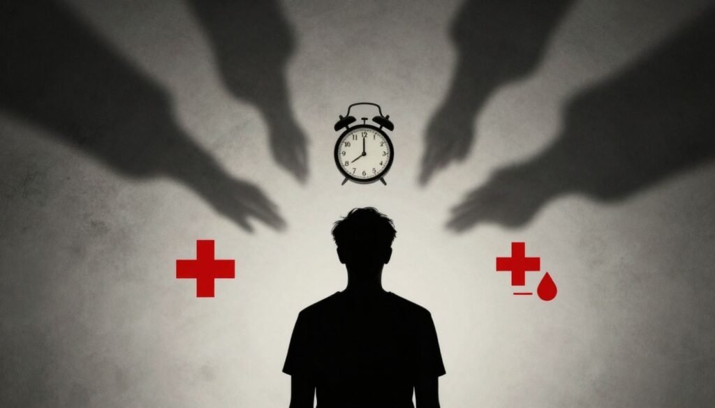 Conceptual image showing various triggers of somniphobia including nightmares and trauma