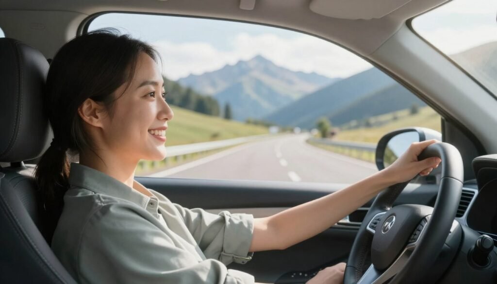 Confident driver enjoying scenic drive representing successful recovery from driving fear Confident driver enjoying scenic drive representing successful recovery from driving fear