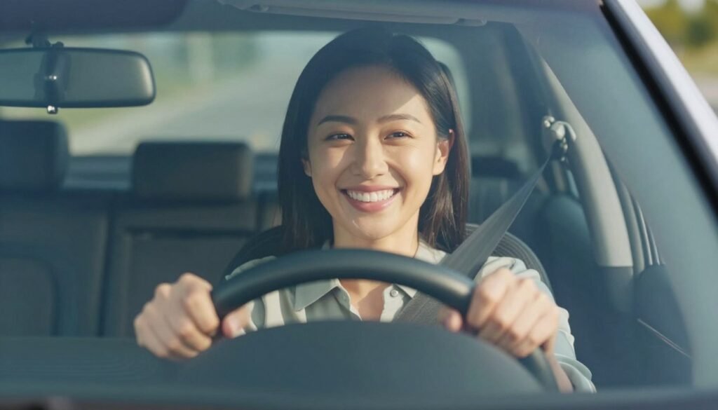 Confident driver smiling while driving showing successful treatment outcome
