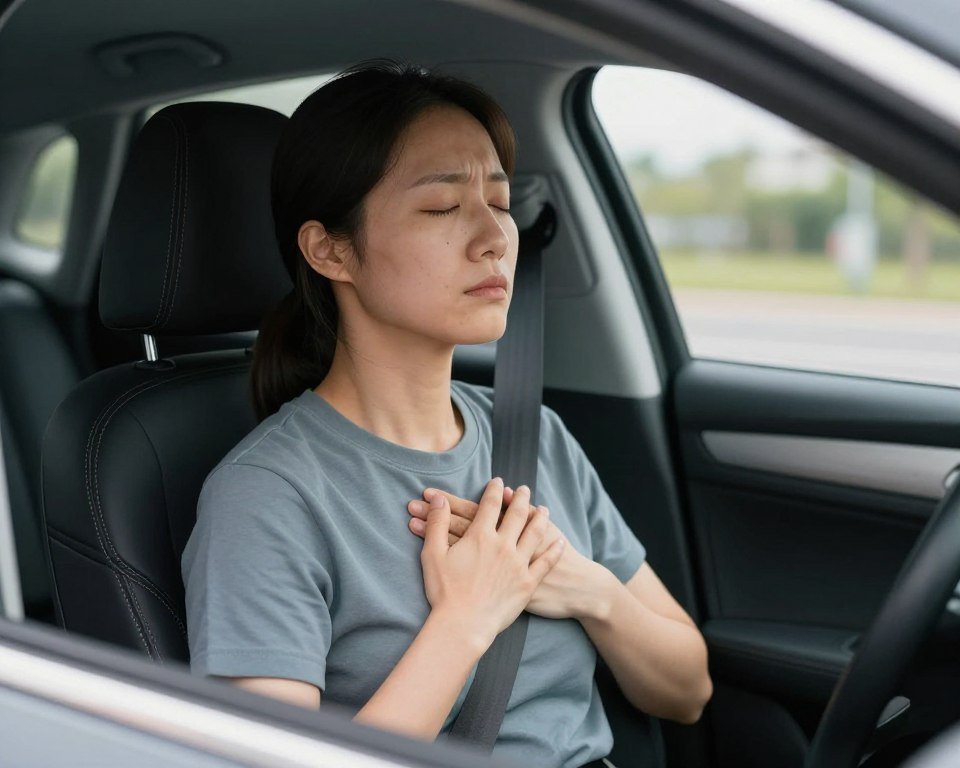Driver using calming breathing technique while safely pulled over managing panic symptoms Driver using calming breathing technique while safely pulled over managing panic symptoms