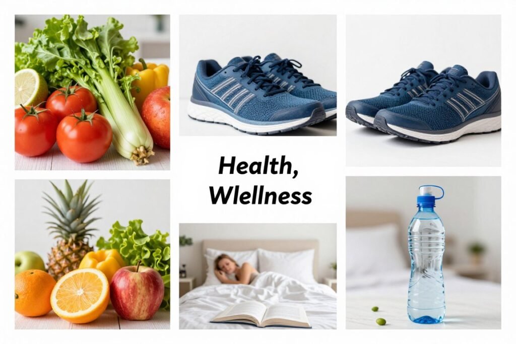 Healthy lifestyle elements including exercise, nutrition, and sleep