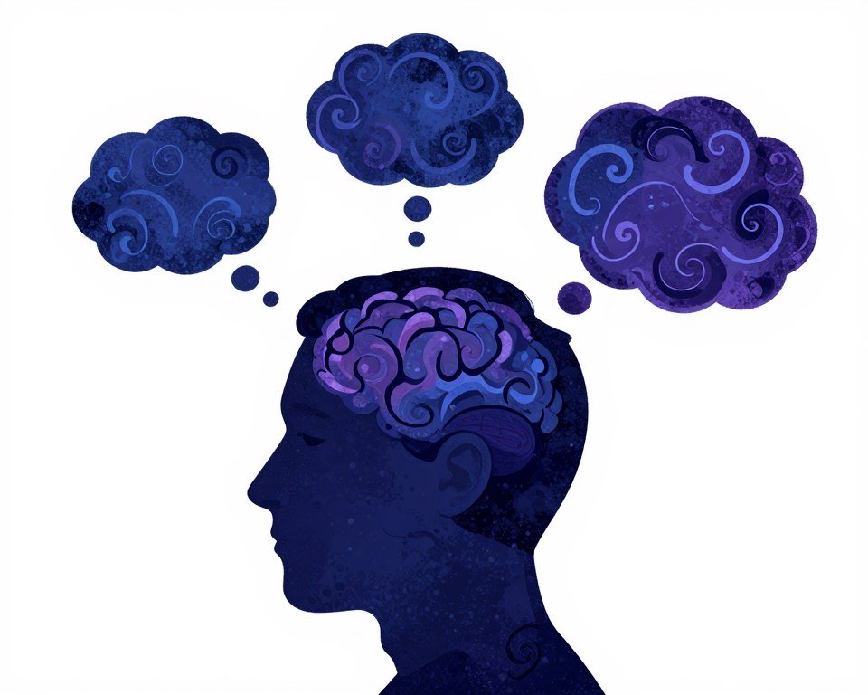 Illustration of racing thoughts and anxiety at night