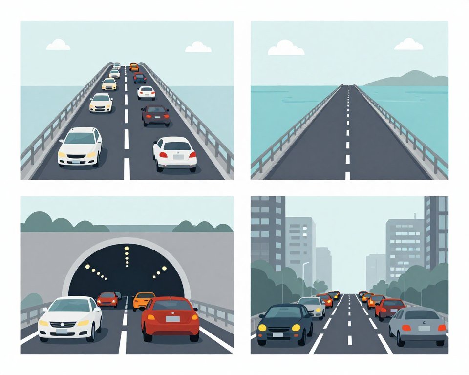 Illustration showing different driving scenarios including highway, bridge, tunnel, and city traffic representing various fear triggers Illustration showing different driving scenarios including highway, bridge, tunnel, and city traffic representing various fear triggers