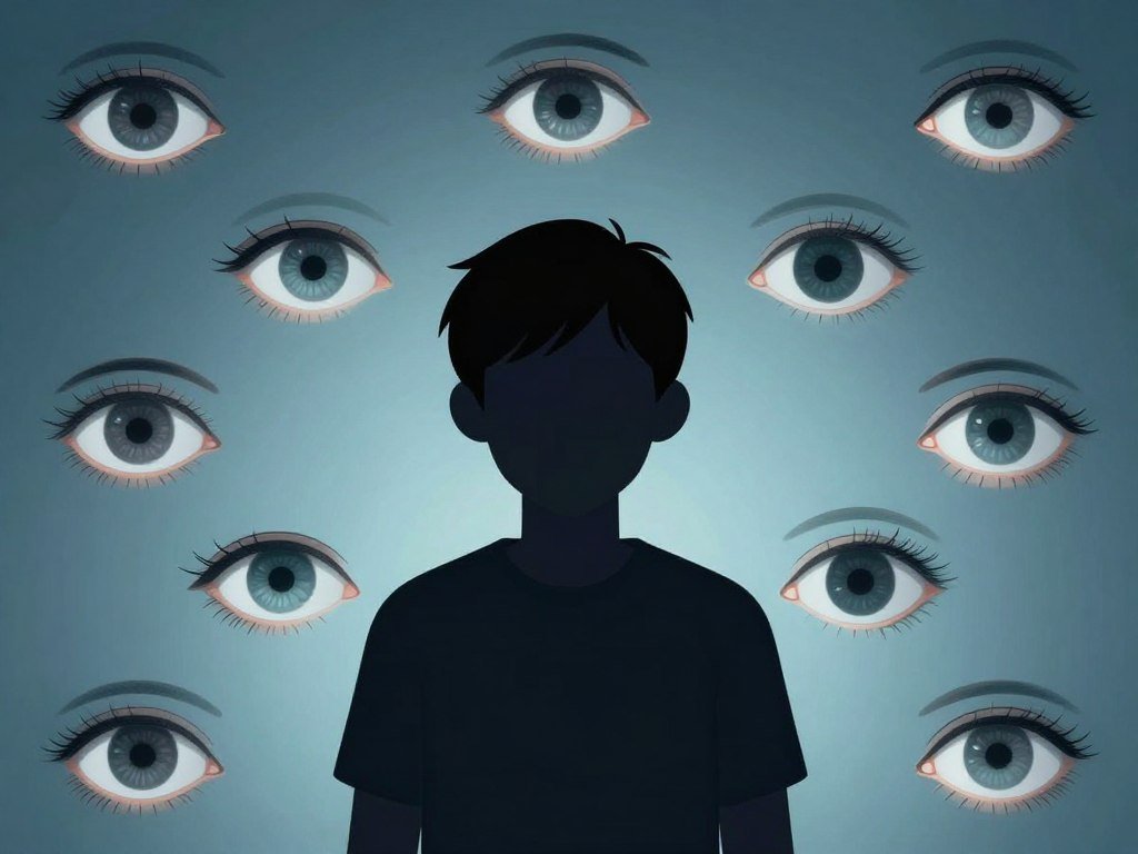 Illustration showing the concept of social anxiety disorder with a person surrounded by judging eyes