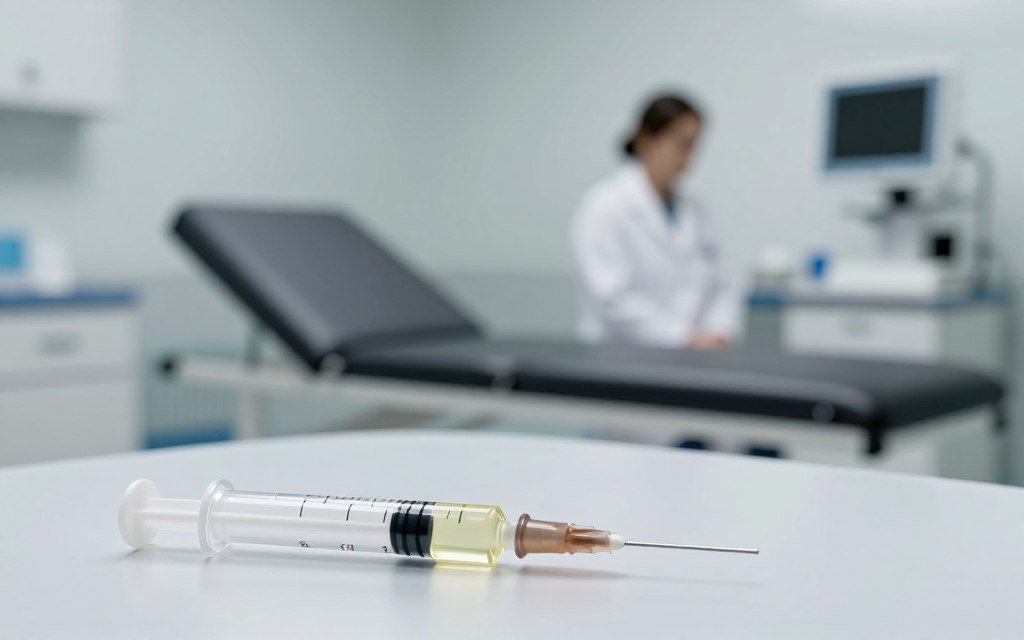 Medical examination room with syringe showing common medical phobia triggers