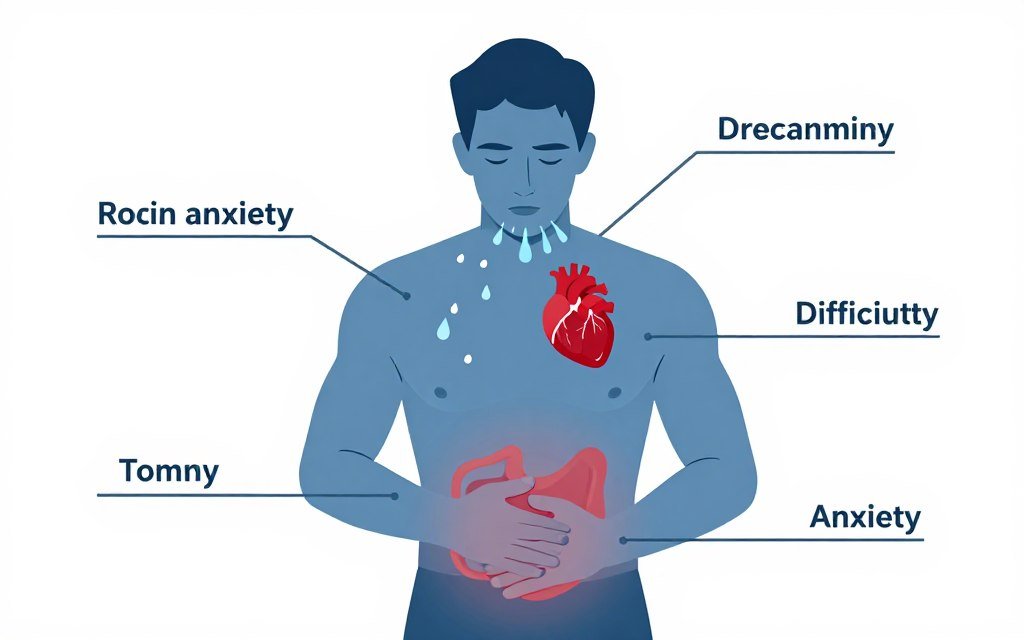 Medical illustration showing physical anxiety symptoms in human body during driving fear episode Medical illustration showing physical anxiety symptoms in human body during driving fear episode