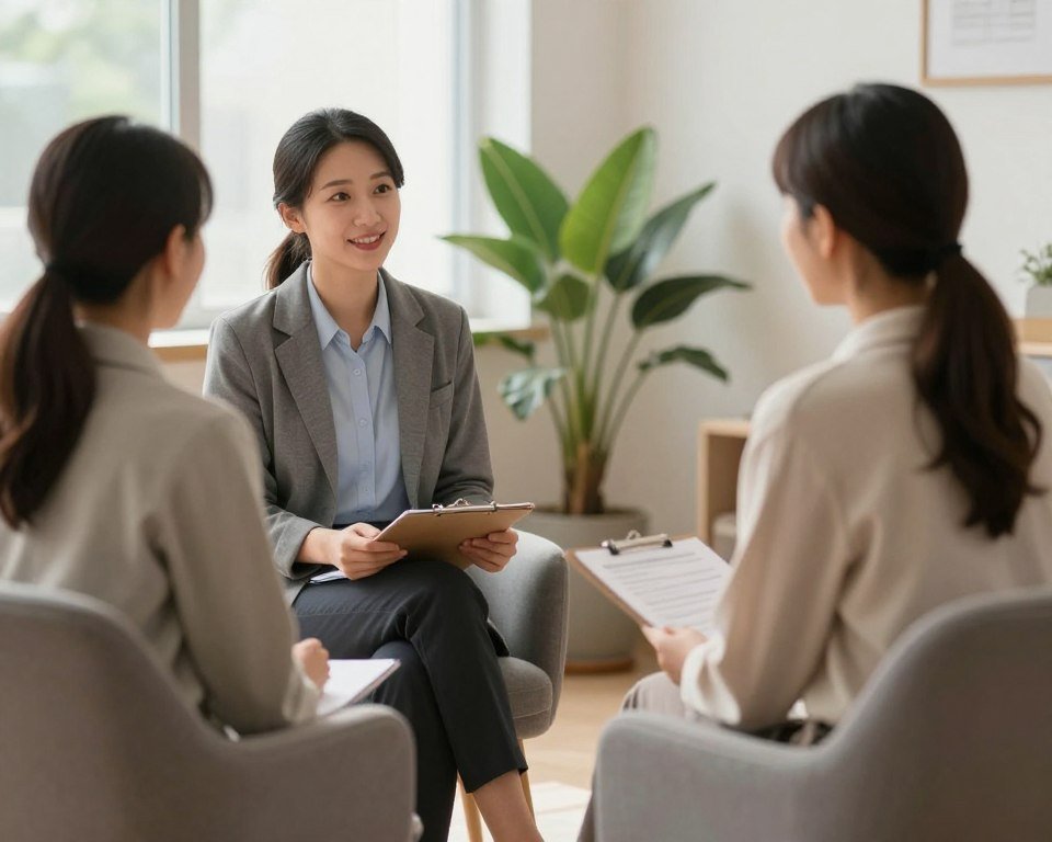 Mental health professional conducting assessment interview with patient in comfortable office setting Mental health professional conducting assessment interview with patient in comfortable office setting