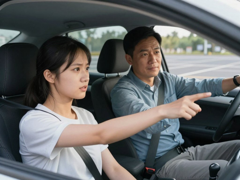 Nervous new driver with instructor practicing on empty parking lot Nervous new driver with instructor practicing on empty parking lot