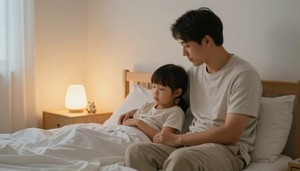 Parent comforting child at bedtime with supportive presence