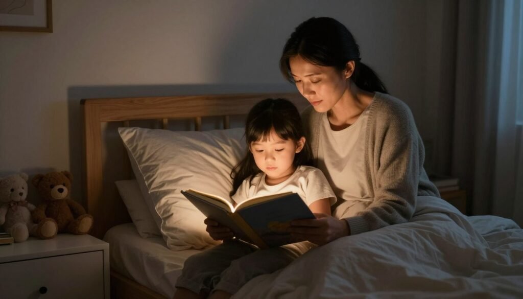 Parent comforting child with bedtime anxiety in bedroom