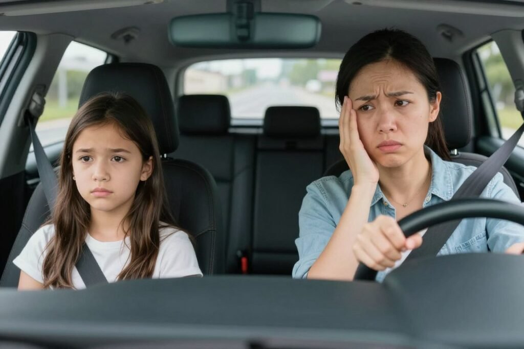 Parent teaching teenager to drive showing anxious expression representing learned anxiety
