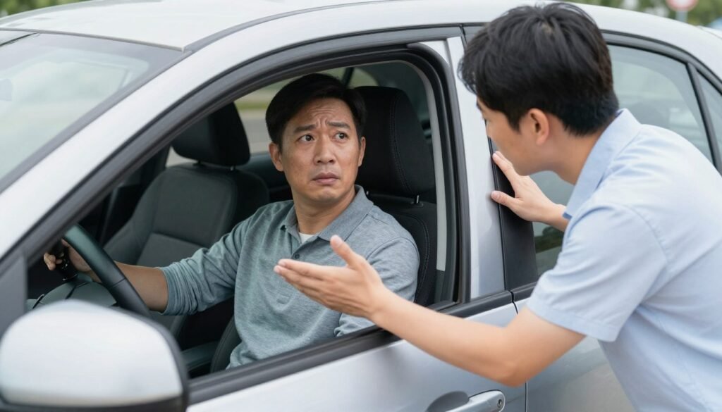Patient practicing gradual exposure therapy by sitting in parked car with therapist support Patient practicing gradual exposure therapy by sitting in parked car with therapist support