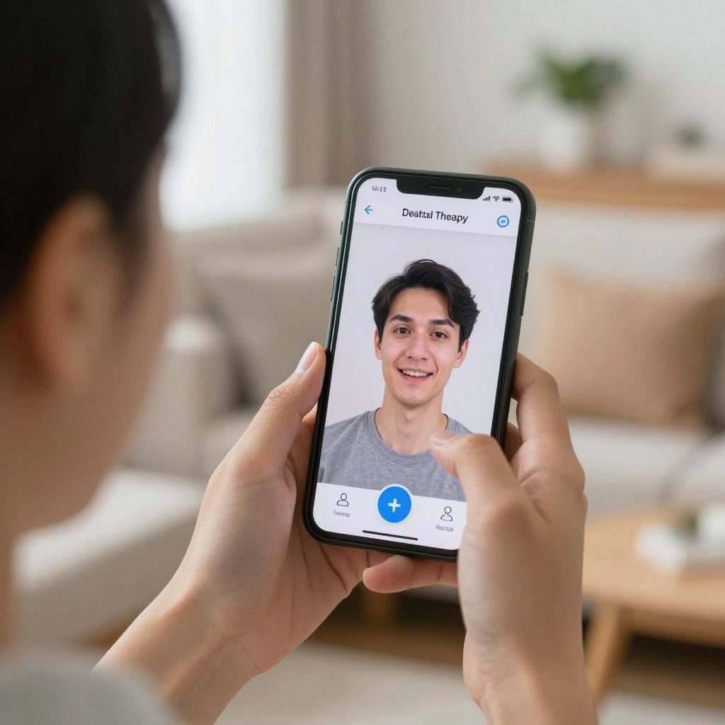 Patient using AR therapy app for phobia treatment at home Patient using AR therapy app for phobia treatment at home