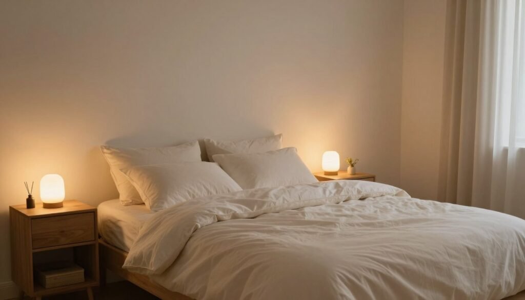 Peaceful bedroom environment with soft lighting demonstrating a safe sleep space