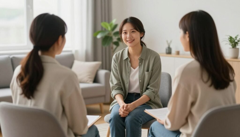 Peaceful therapy session showing path to recovery from social anxiety