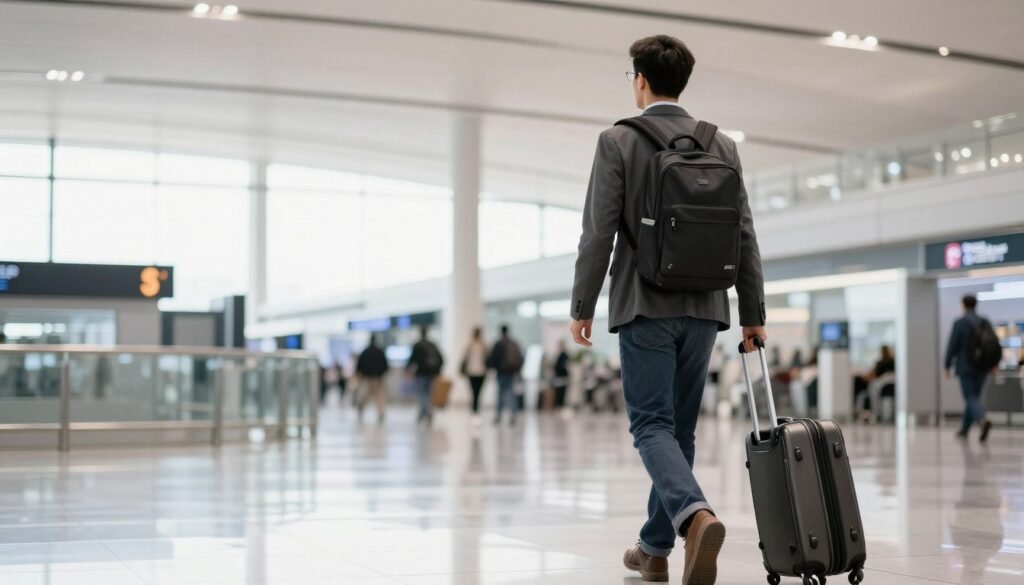 Person confidently boarding plane after overcoming fear of flying phobia
