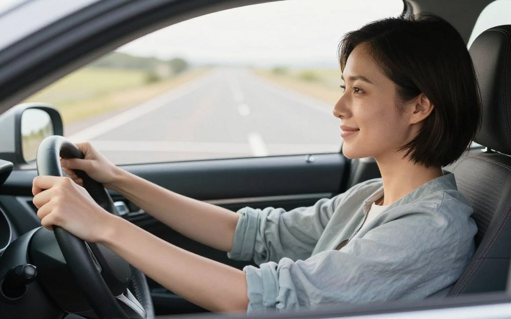 Person driving confidently with peaceful expression representing successful recovery from driving fear Person driving confidently with peaceful expression representing successful recovery from driving fear