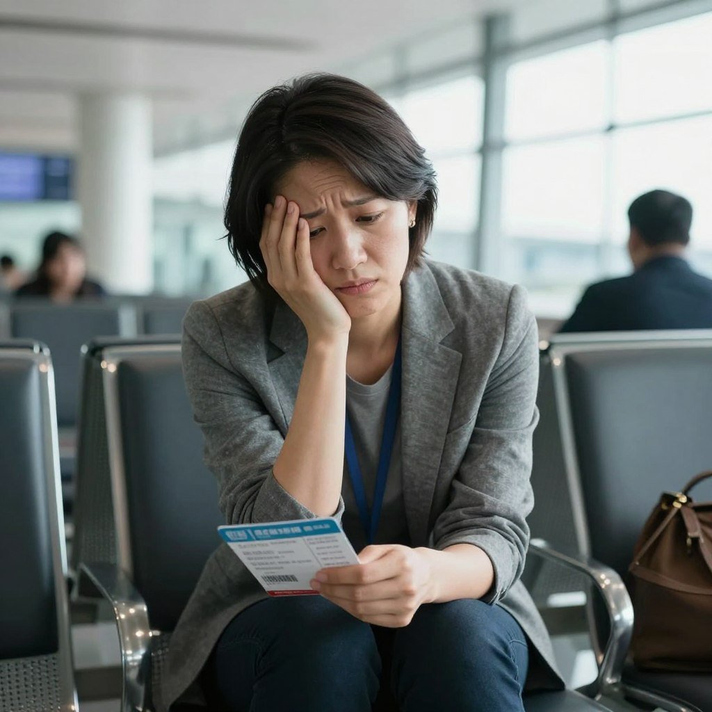 Person experiencing anxiety symptoms related to fear of flying phobia