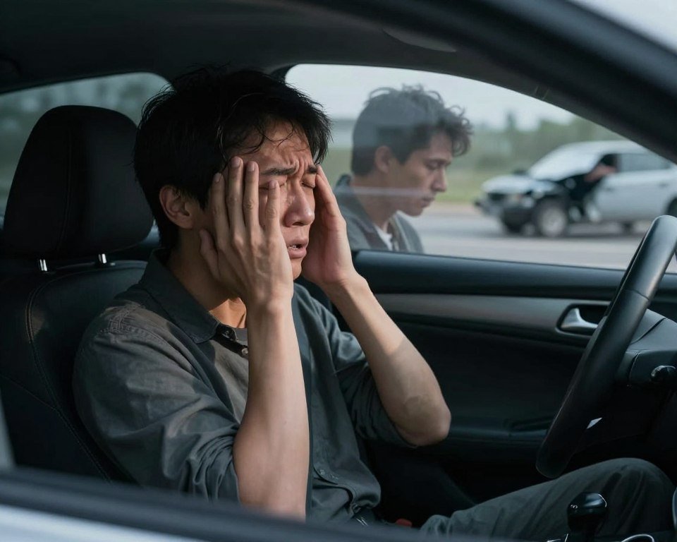 Person experiencing flashback memory of car accident while driving showing distress