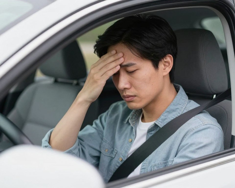 Person experiencing traumatic flashback memory while sitting in parked car Person experiencing traumatic flashback memory while sitting in parked car