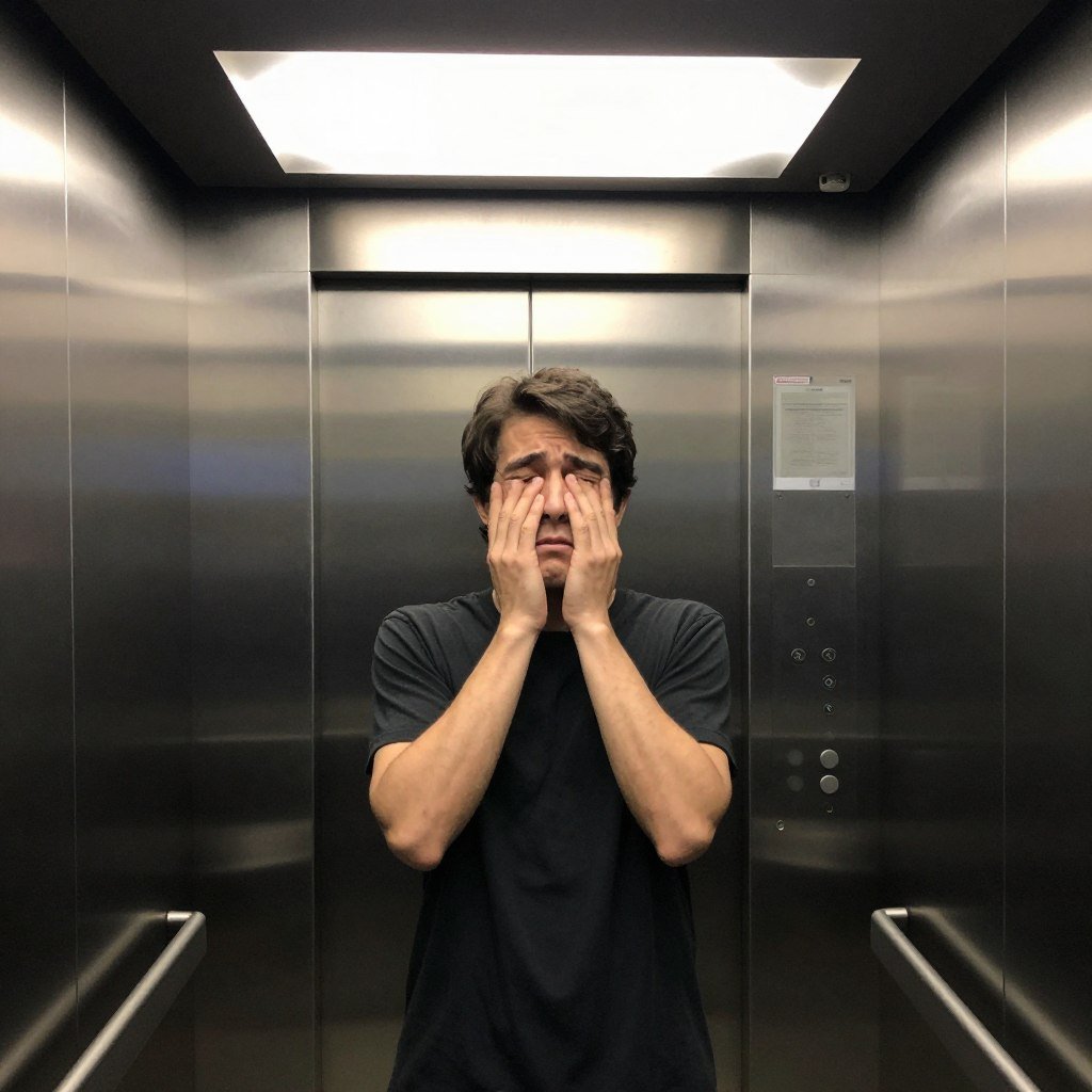 Person in small enclosed elevator demonstrating claustrophobia trigger situation