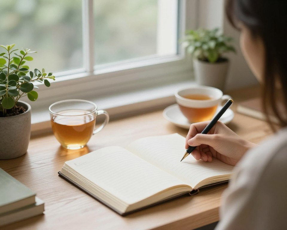 Person journaling and practicing self-care daily strategies for overcoming fear