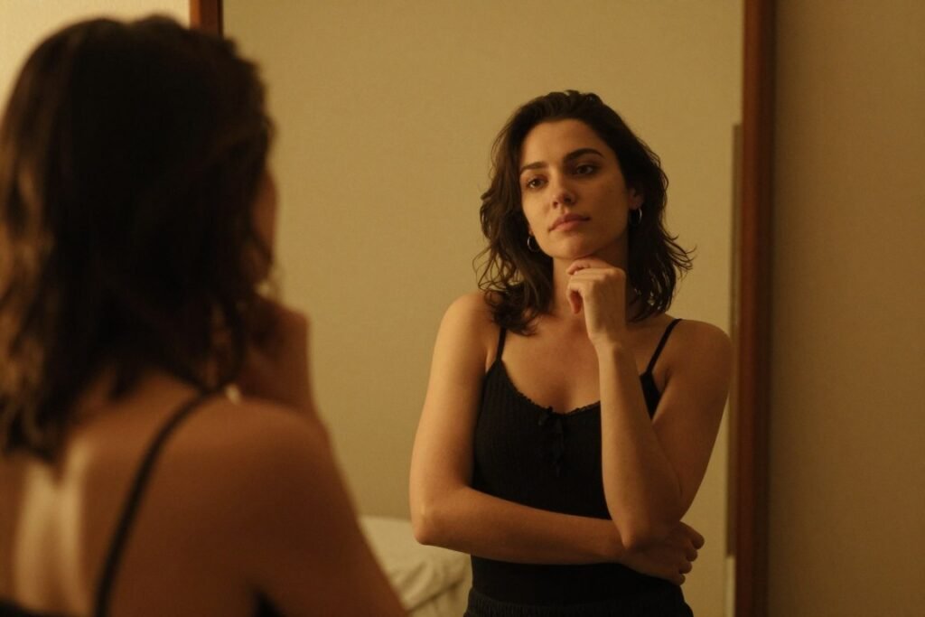 Person looking confident in mirror representing building self-worth to overcome fear