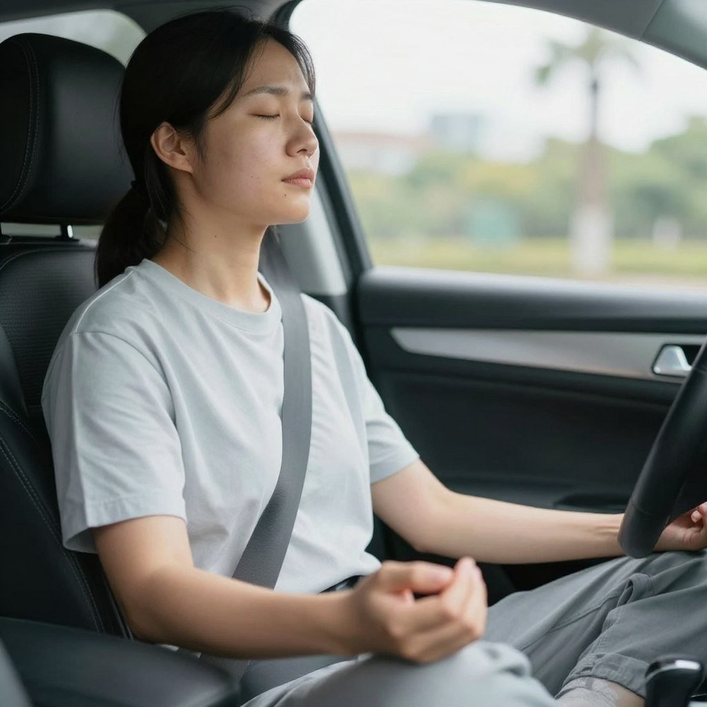 Person practicing deep breathing exercises before driving to manage anxiety