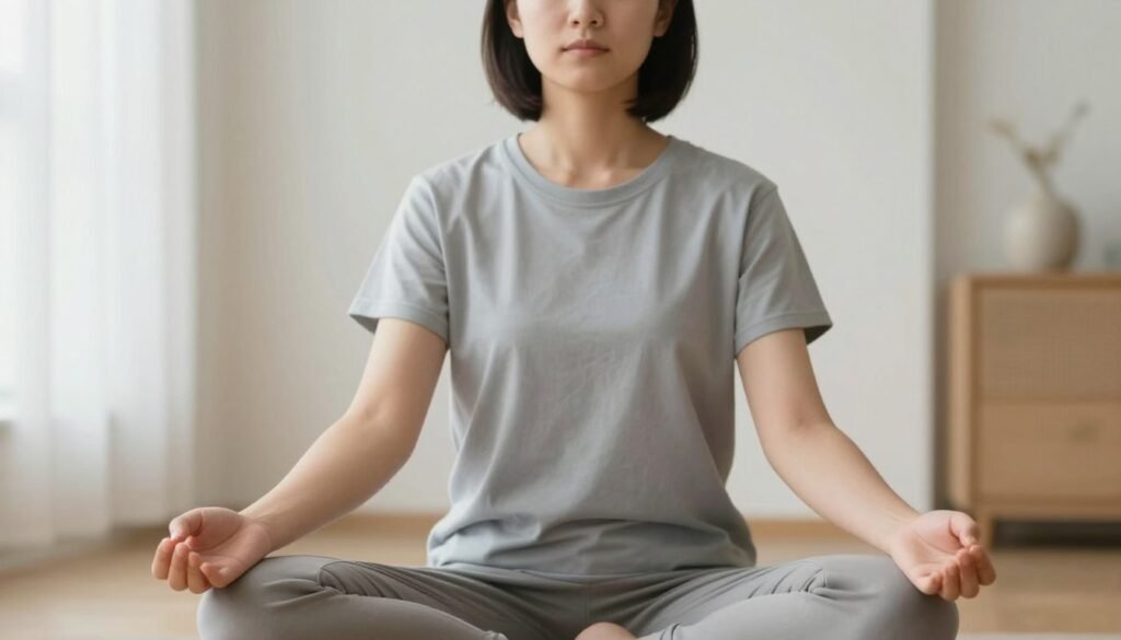 Person practicing deep breathing meditation techniques to manage anxiety and stress