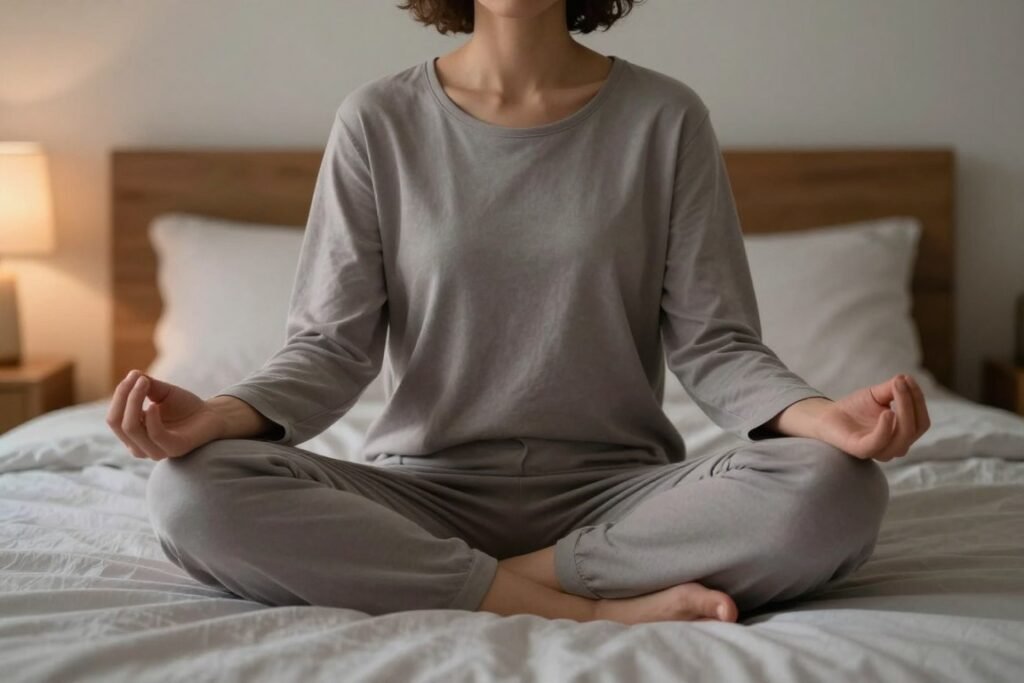 Person practicing meditation and relaxation techniques before bed