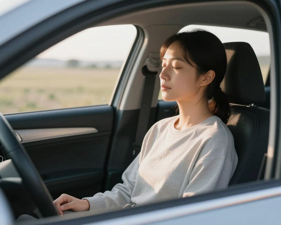 Person practicing mindfulness meditation in peaceful setting before driving Person practicing mindfulness meditation in peaceful setting before driving