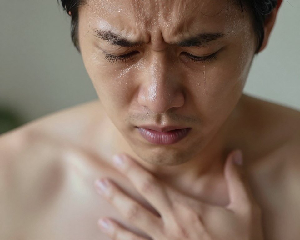 Person showing multiple physical symptoms of phobia including sweating and rapid breathing