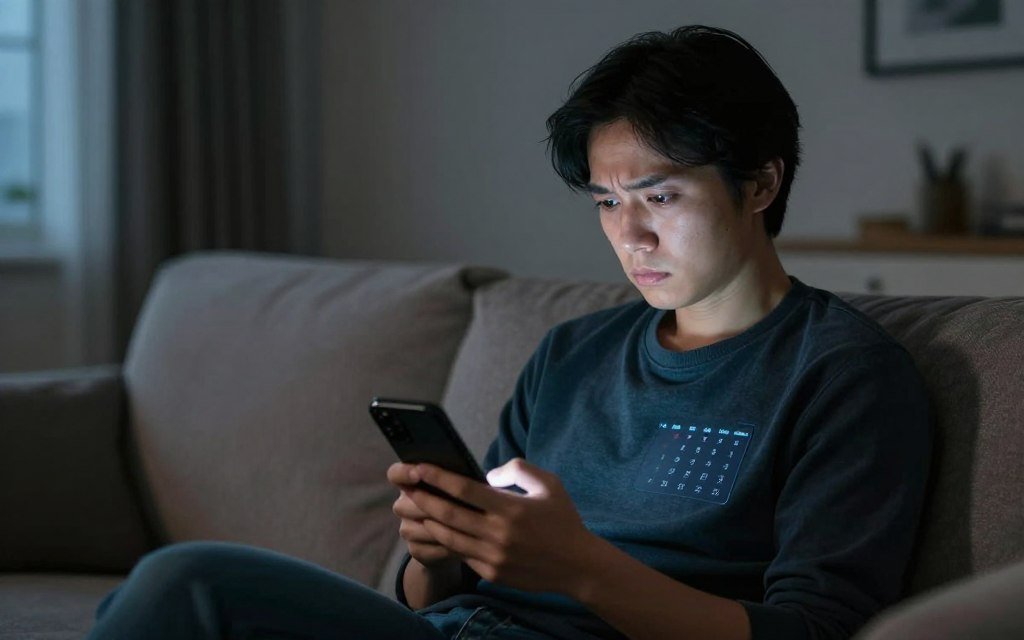 Person sitting alone looking at phone with declined social event invitation showing social isolation Person sitting alone looking at phone with declined social event invitation showing social isolation