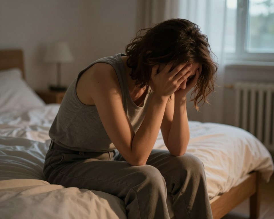 Person sitting on edge of bed with head in hands showing distress about sleep