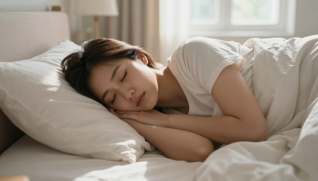 Person sleeping peacefully and comfortably alone in bed