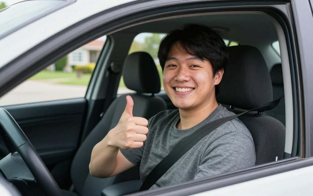 Person successfully completing short driving practice session looking relieved and proud Person successfully completing short driving practice session looking relieved and proud