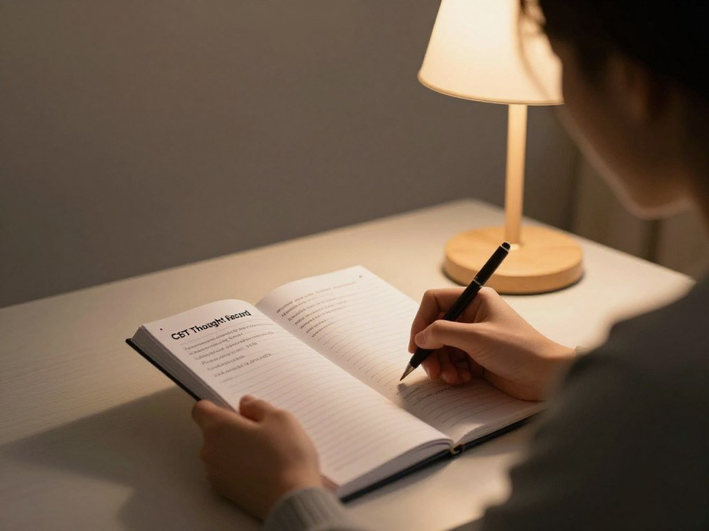 Person writing in a thought journal for cognitive behavioral therapy