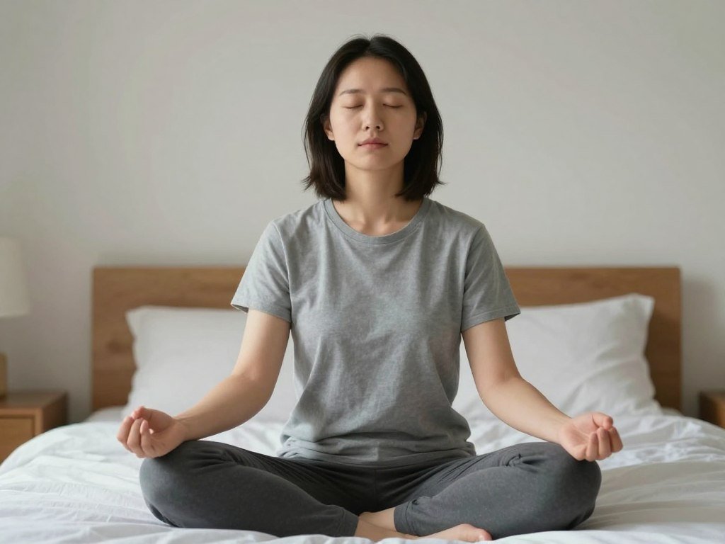 Relaxation and breathing techniques being practiced in bedroom setting