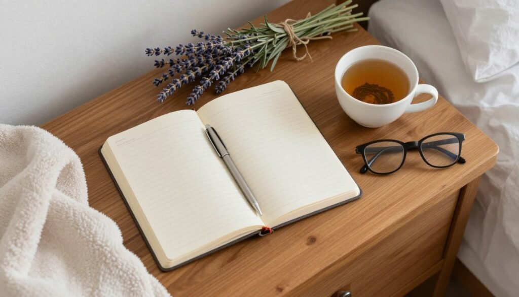 Self-care items including journal, herbal tea, and relaxation tools on nightstand