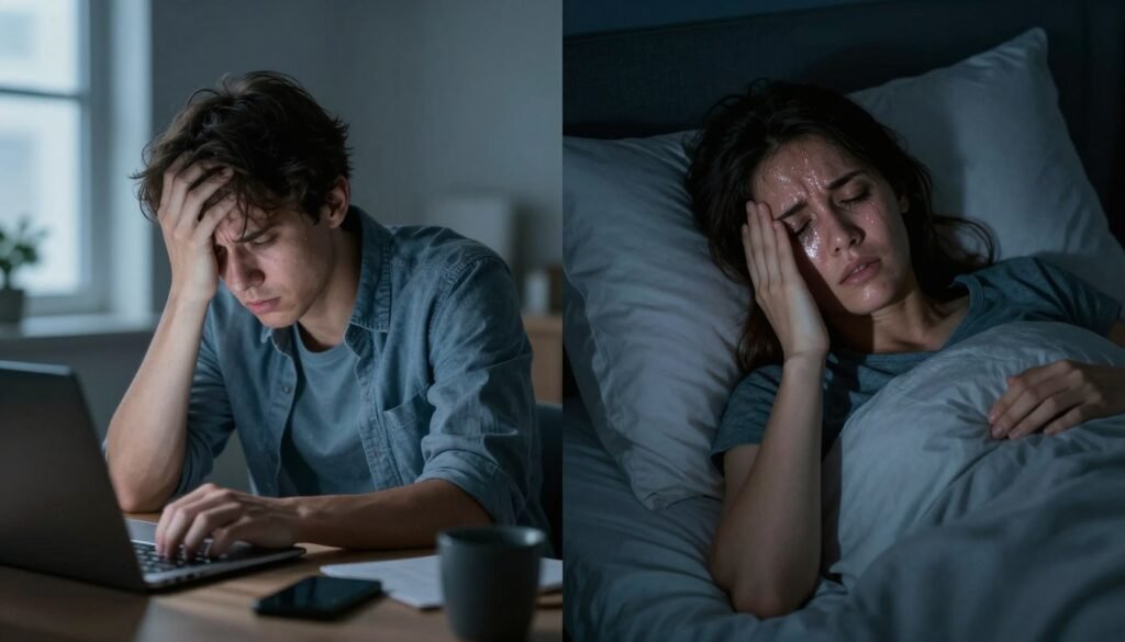 Split image showing daytime fatigue and nighttime anxiety symptoms of somniphobia