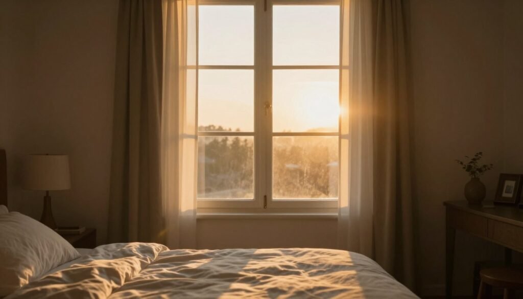 Sunrise through bedroom window symbolizing hope and new beginning