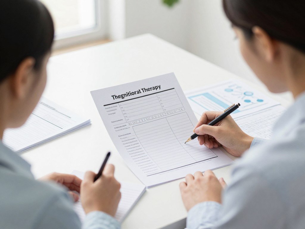 Therapist and patient working together on cognitive behavioral therapy exercises with worksheets Therapist and patient working together on cognitive behavioral therapy exercises with worksheets